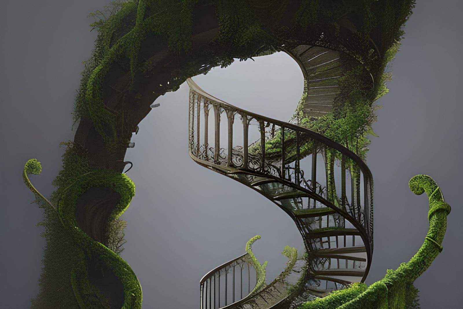 Overgrown Spiral Staircase Ruins in Digital Illustration