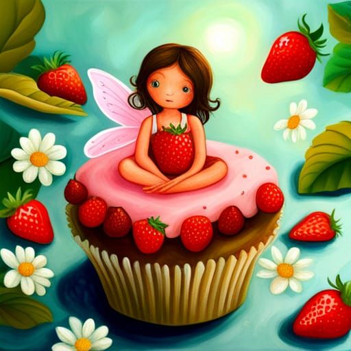 Strawberry Fairy on Cupcake in Pre-Raphaelite Style