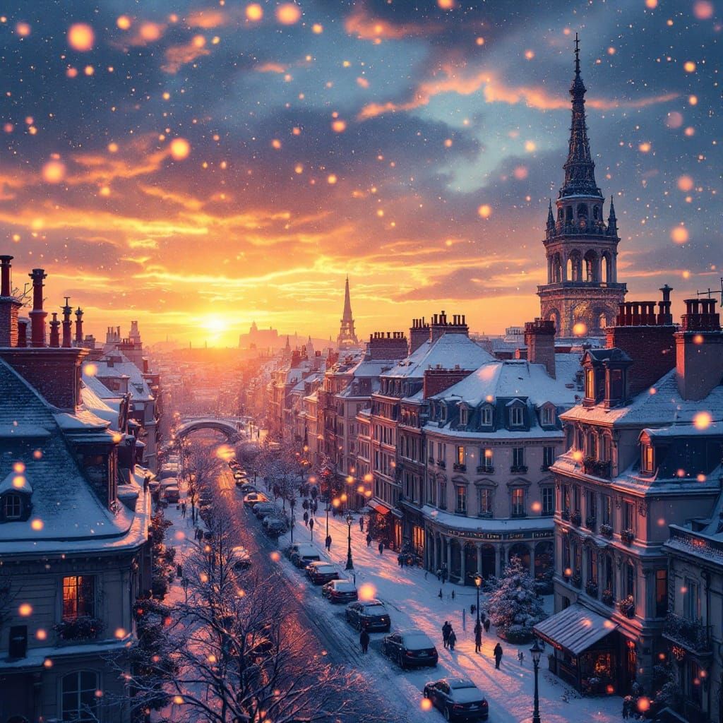 Paris First Snowfall: Dreamlike Sunset Scene