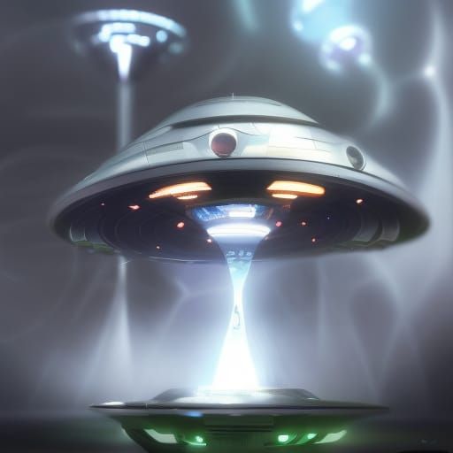 Hyperrealistic UFO Painting in Futuristic Cityscape