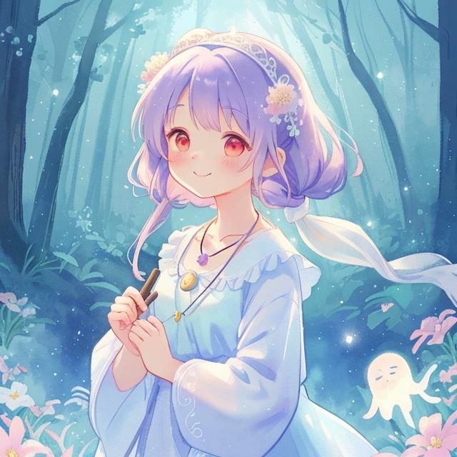 Cute Spirit in Floral Forest: Watercolor Illustration