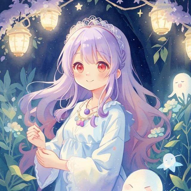 Gentle Woman Spirit in Dreamlike Watercolor Forest