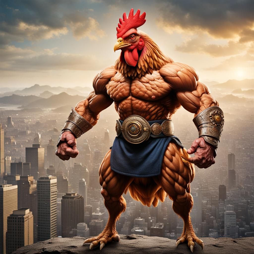 Gigantic Buff Chicken Punches Mountain: Professional Portrai...