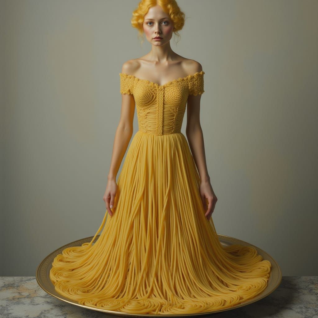Surreal Spaghetti Dress Woman on Vintage Platter