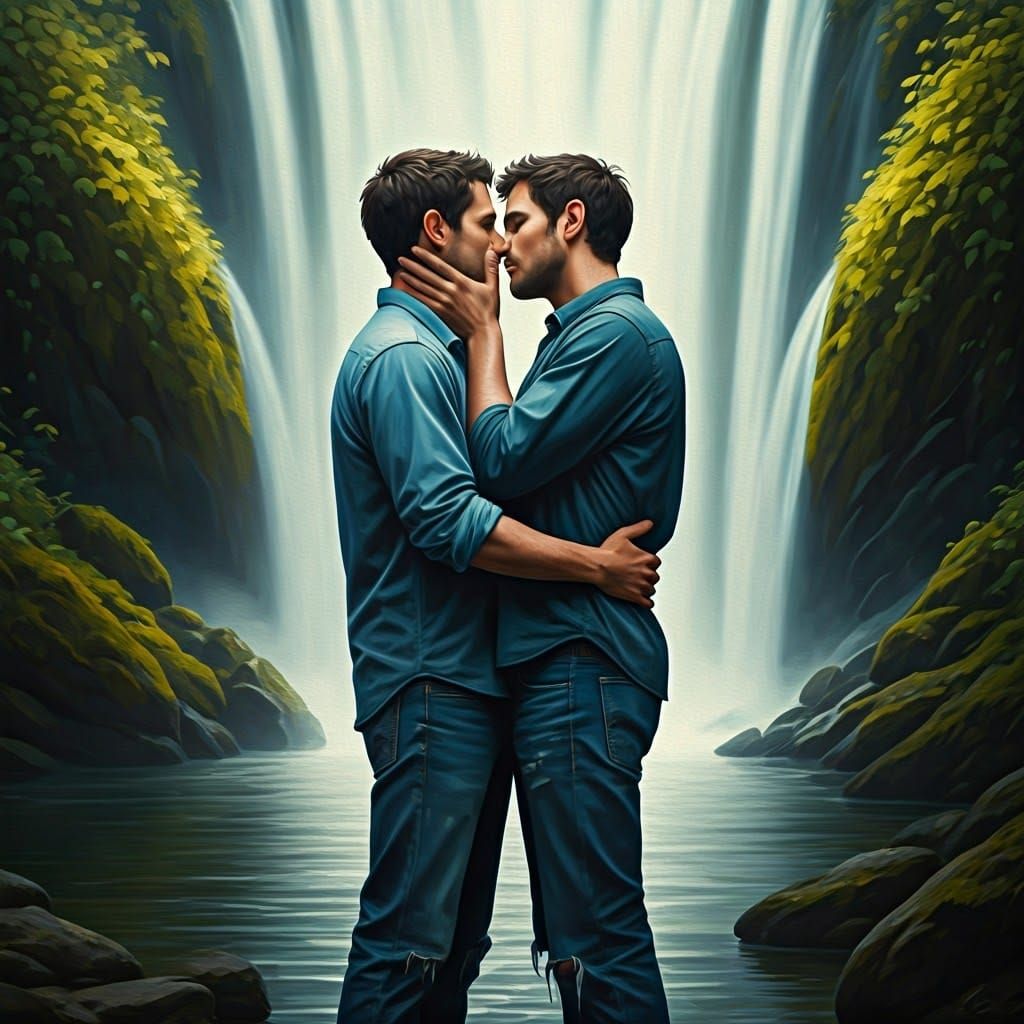 2 handsome men kissing and holding each other tightly, they are under a waterfall, they're wearing jeans and shirts