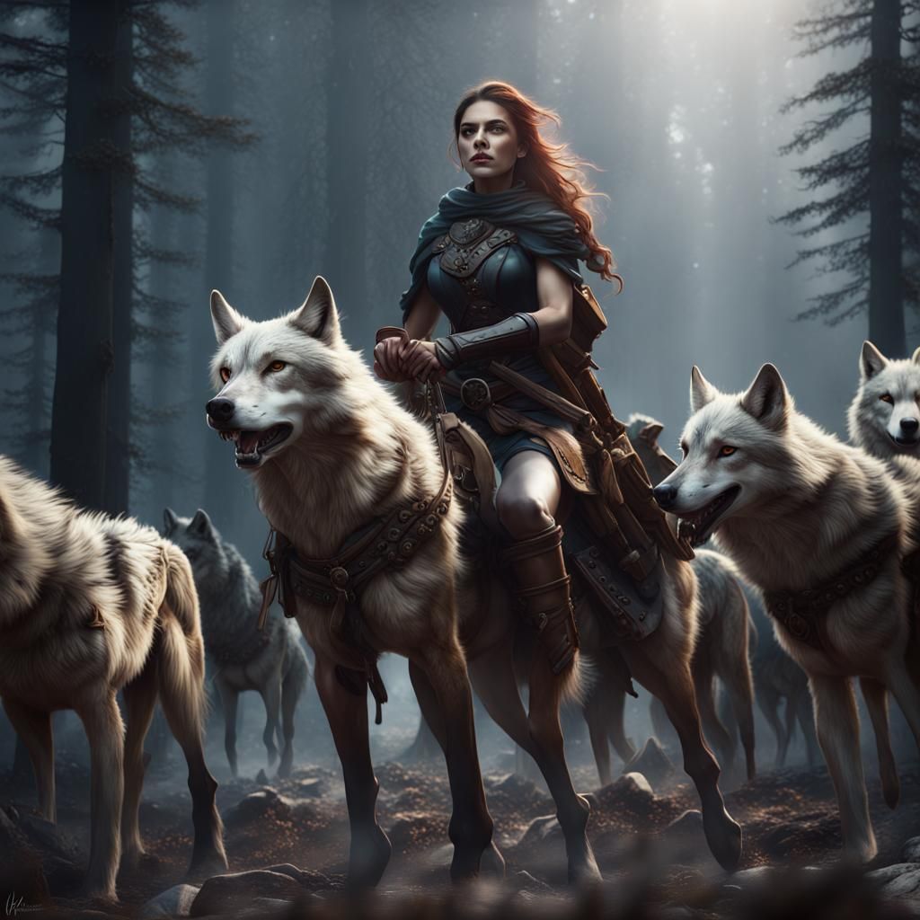 Horsewoman with Wolves in Detailed Matte Painting