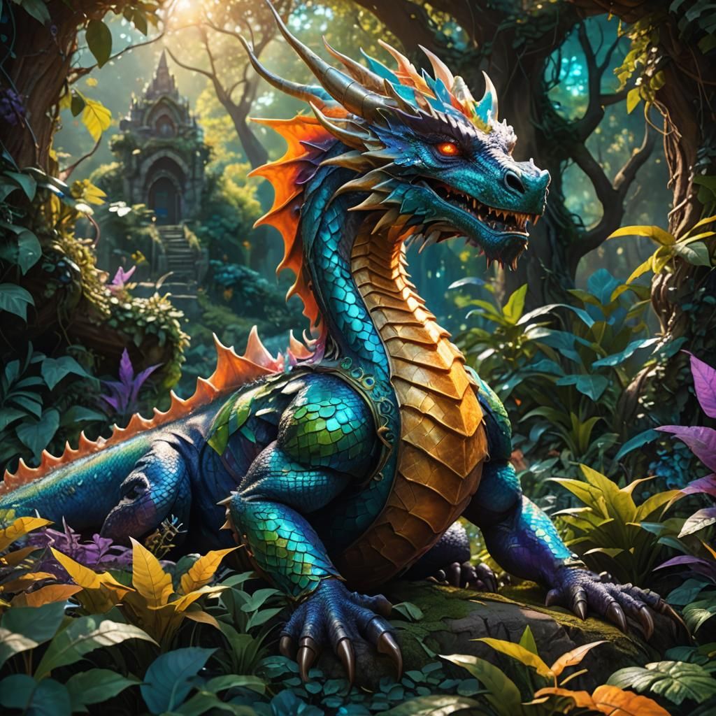 Majestic Dragon Resting in Lush Foliage, Hyperrealistic Art