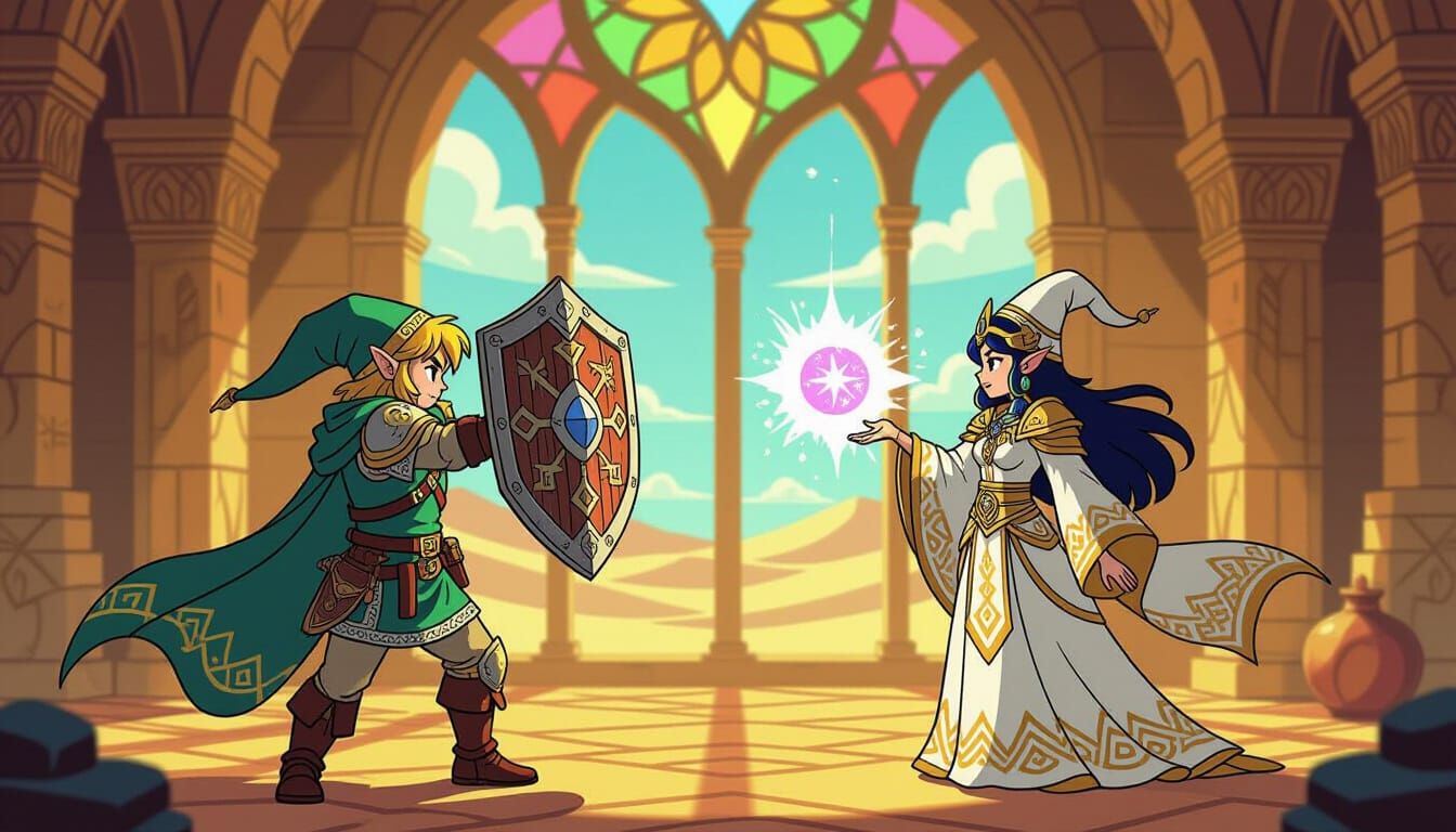 Hero and Witch Confront Desert Czar in Zelda Style