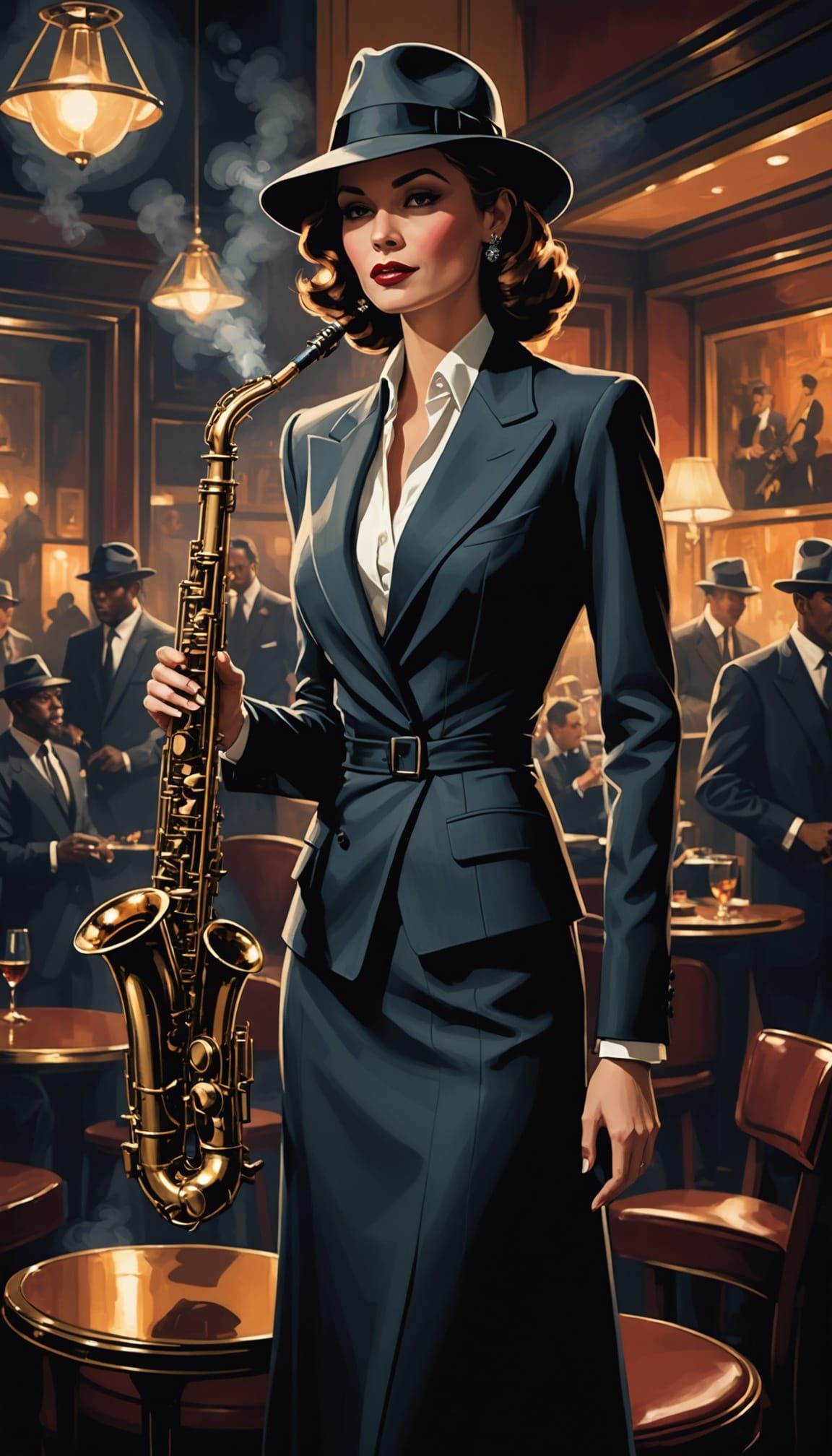 Mysterious Woman in 1950s Suit at Jazz Club