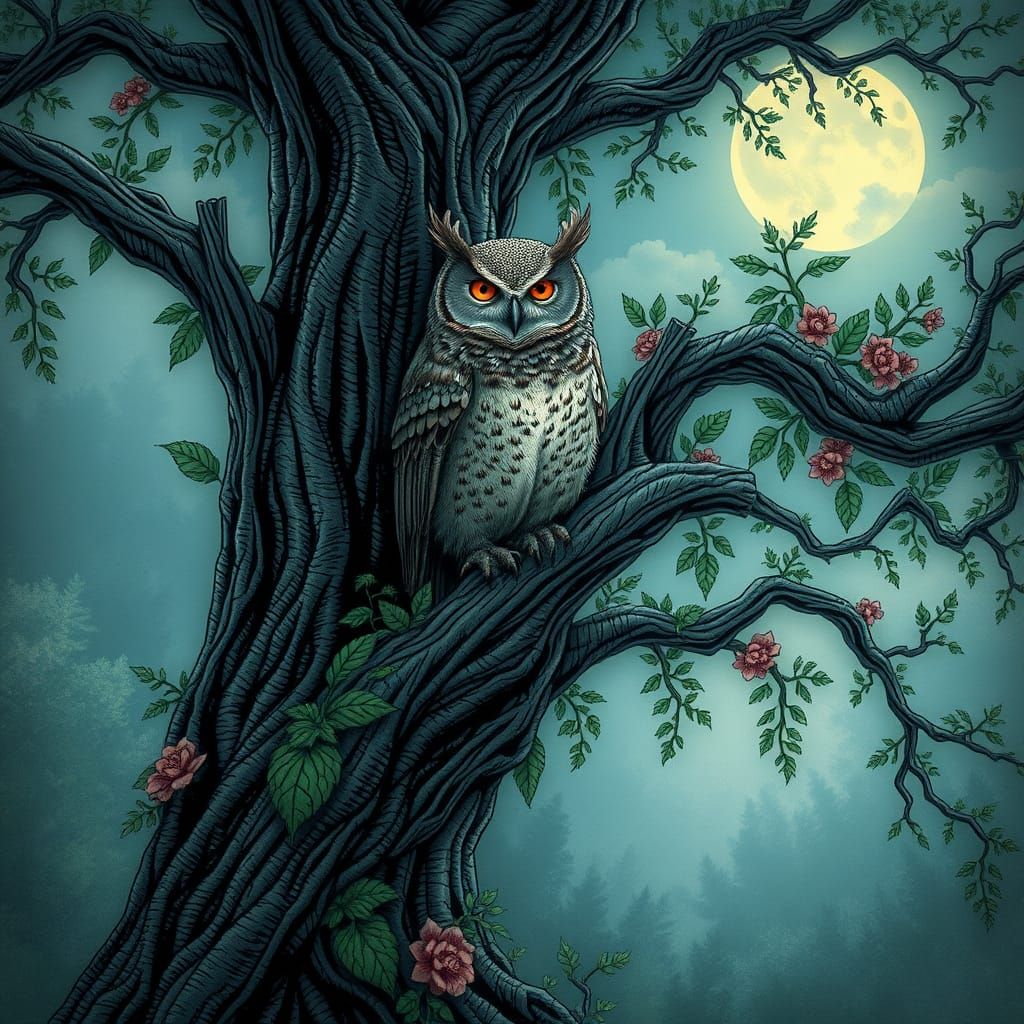 Majestic Owl in Whimsical, Moonlit Forest