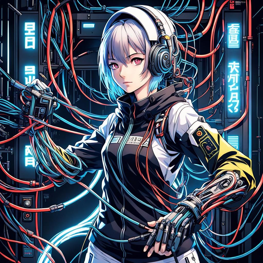 Cybernetic Hacker Girl in Anime Style