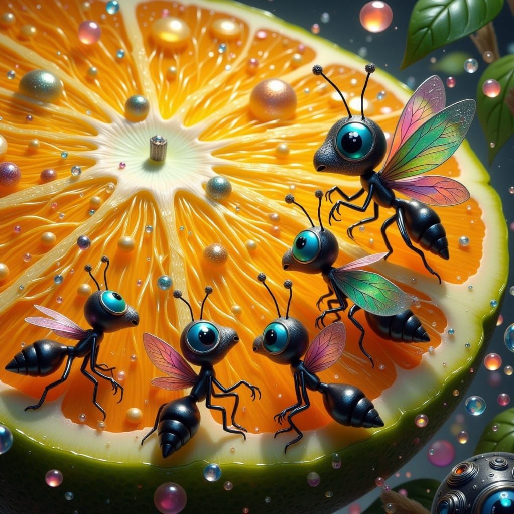 Whimsical Ants Marvel at a Towering Fruit Sculpture in a Fan...