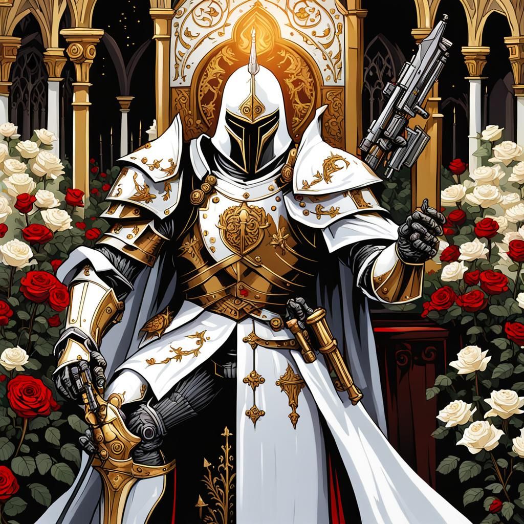 Crusader Knight with Machine Gun in Dark Gothic Style