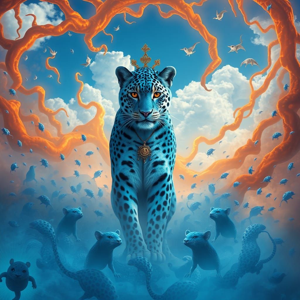 Blue Leopard Shaman Warrior in Surreal Dreamscape