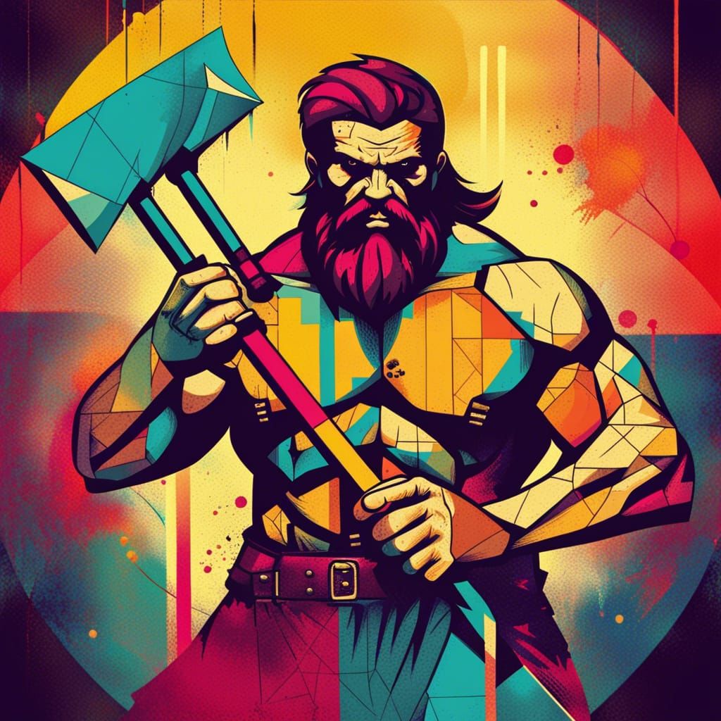 Barbarian with Double Axe in Pop Art Style