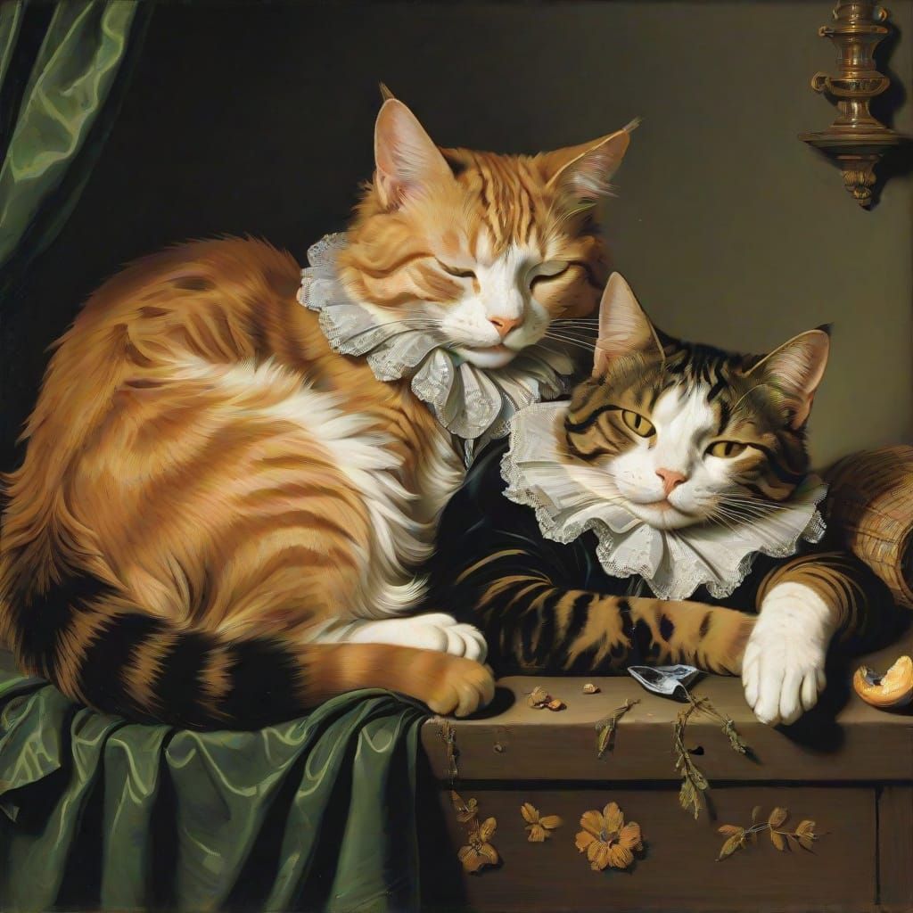 Two Cats Sleeping After Breakfast in Baroque Style
