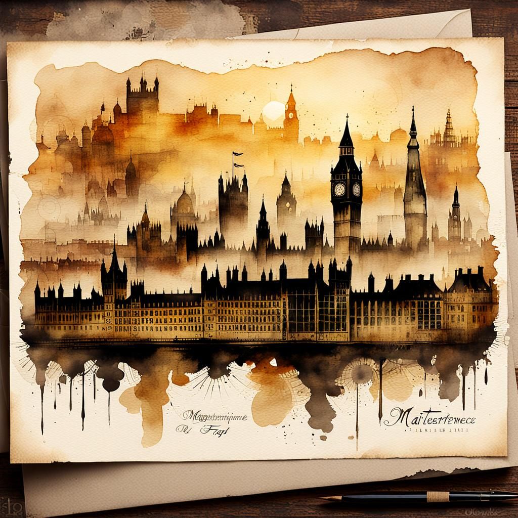 Old London Skyline: Sepia Watercolor on Parchment