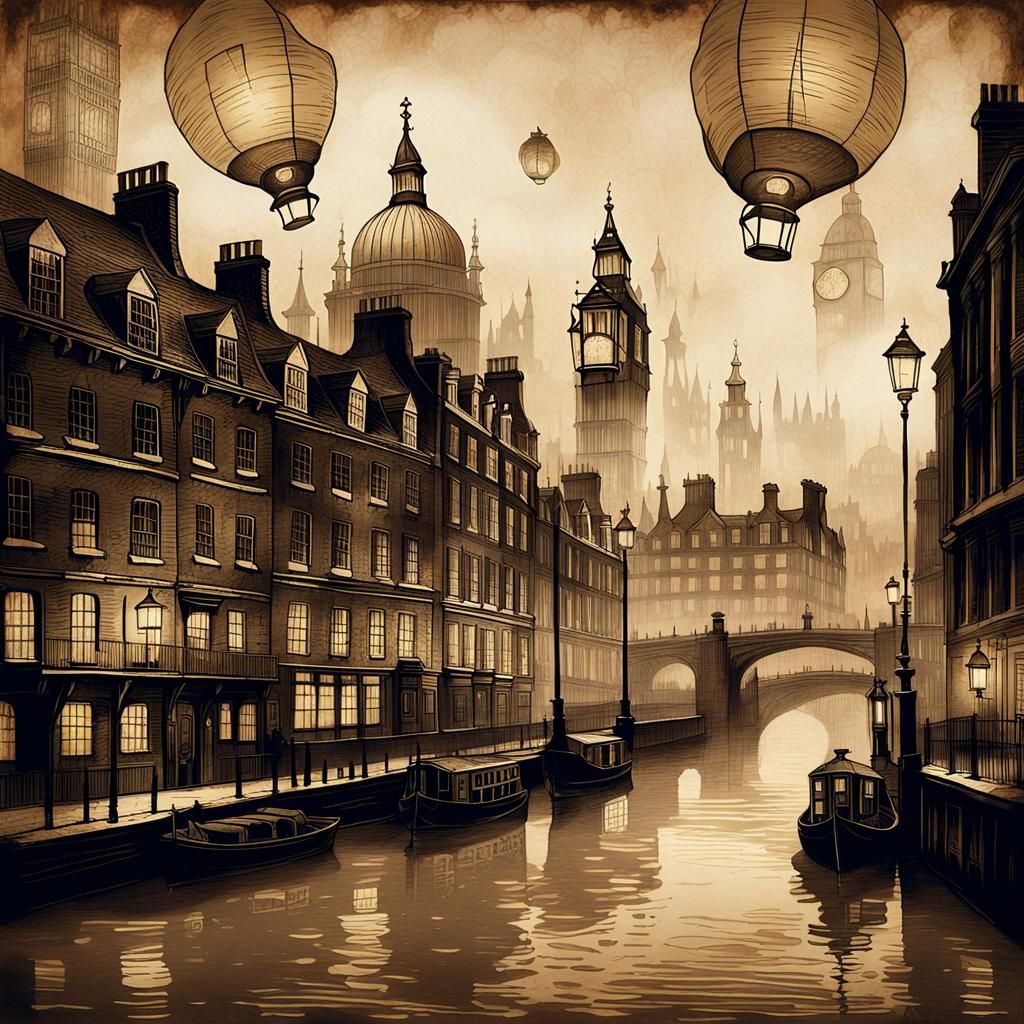 Old London Skyline in Sepia Etching Style