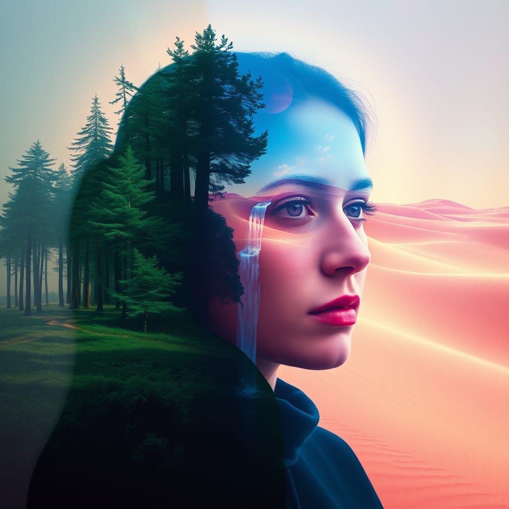 Mystical Double Exposure Portrait in Abstract Expressionism