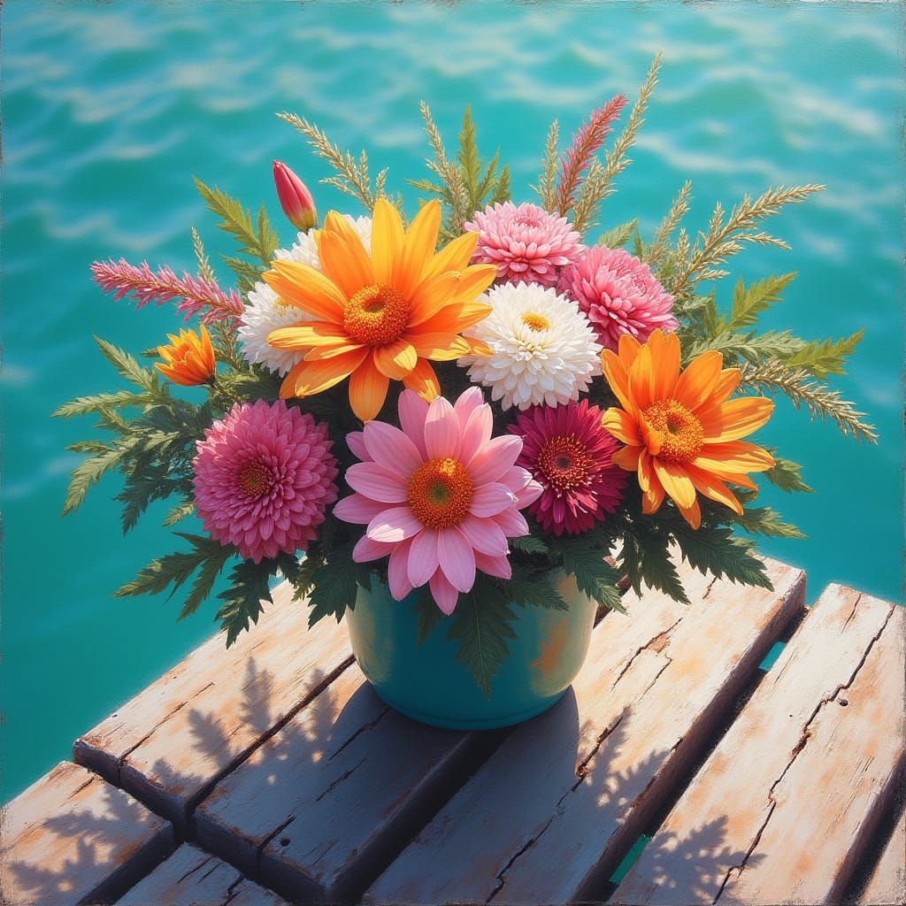 Vibrant Floral Masterpiece on Weathered Dock