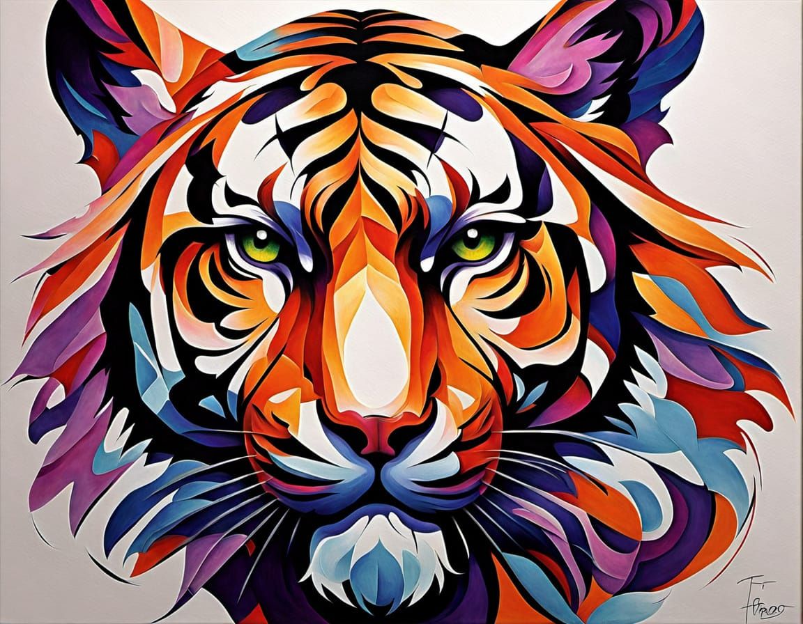 Surreal Tiger Head in Vibrant Cell Shade Art