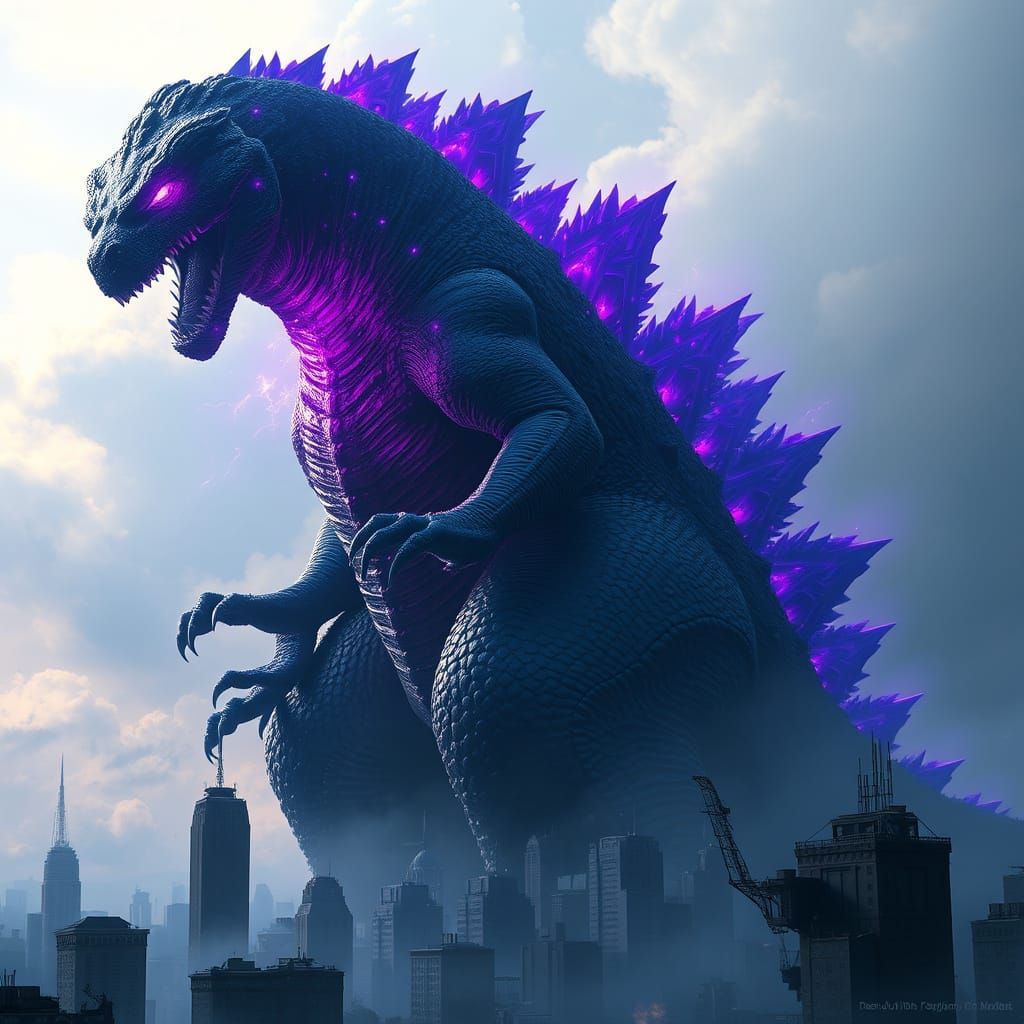 Godzilla Illuminated by Vibrant Purple Flames