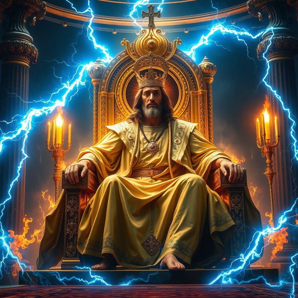 Jesus in Throne Room of Glory with Electric Aura and Blazing...