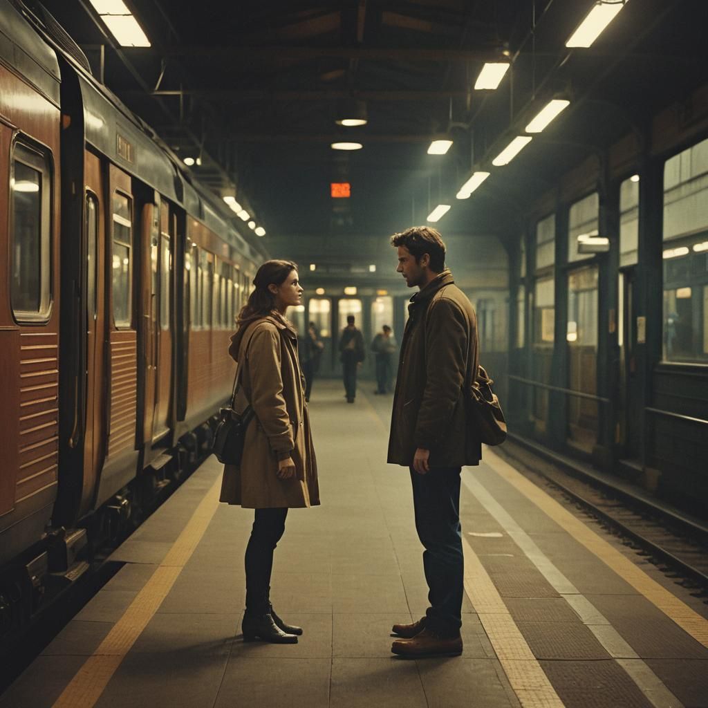 Dramatic Train Departure in Washed Film Grain Style