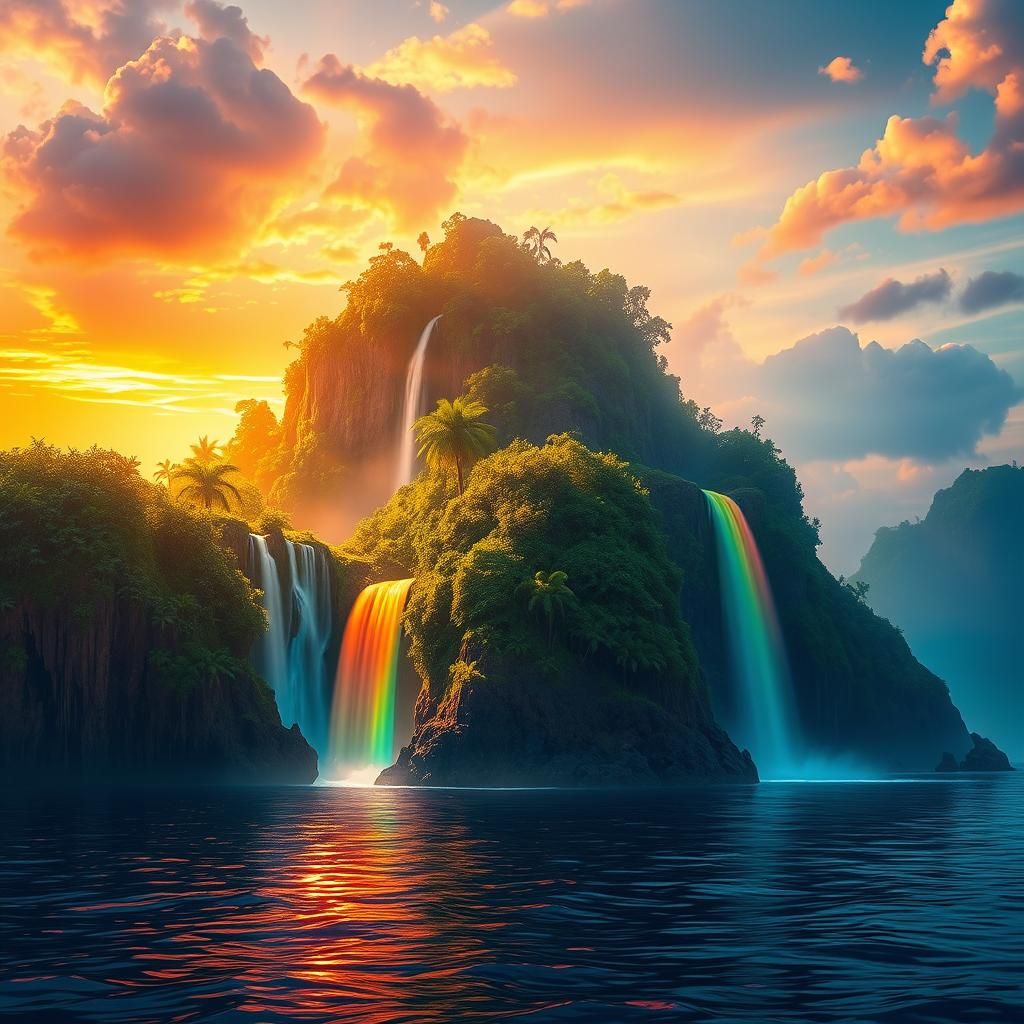 Rainbow Waterfalls on Lush Island at Sunset