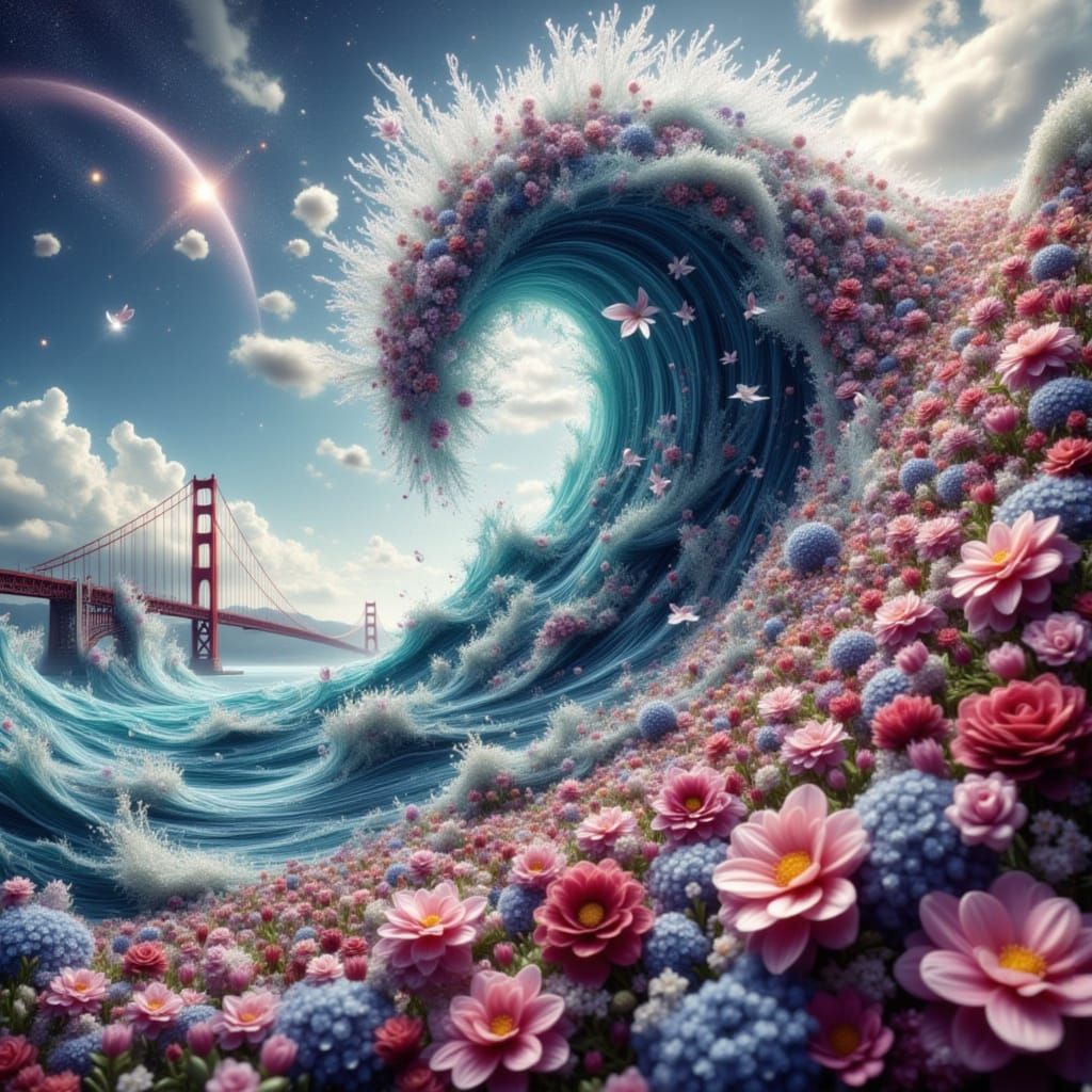 Photorealistic Flower Tsunami Over San Francisco