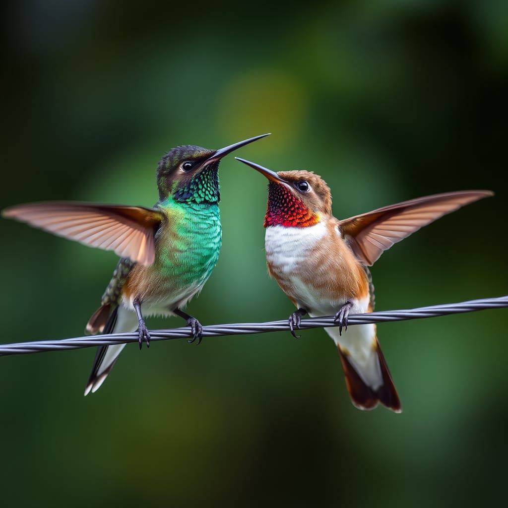 Hummingbirds Facing Each Other, Natural Setting, Detailed Wi...