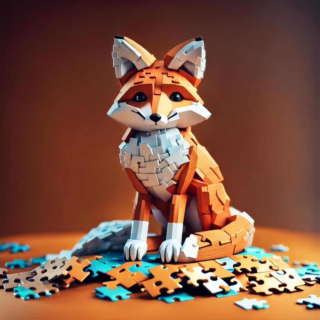 Stuffed Fox on Jigsaw Puzzle, Hyperrealistic Portrait