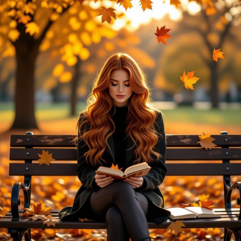 Red-Haired Woman Contemplating Autumn Leaves on Park Bench