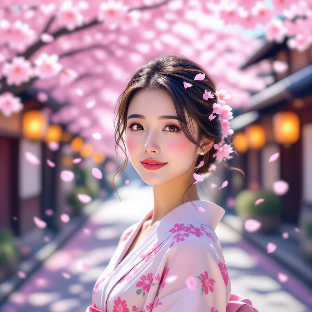 Her eyes glisten as cherry blossoms swirl around her
