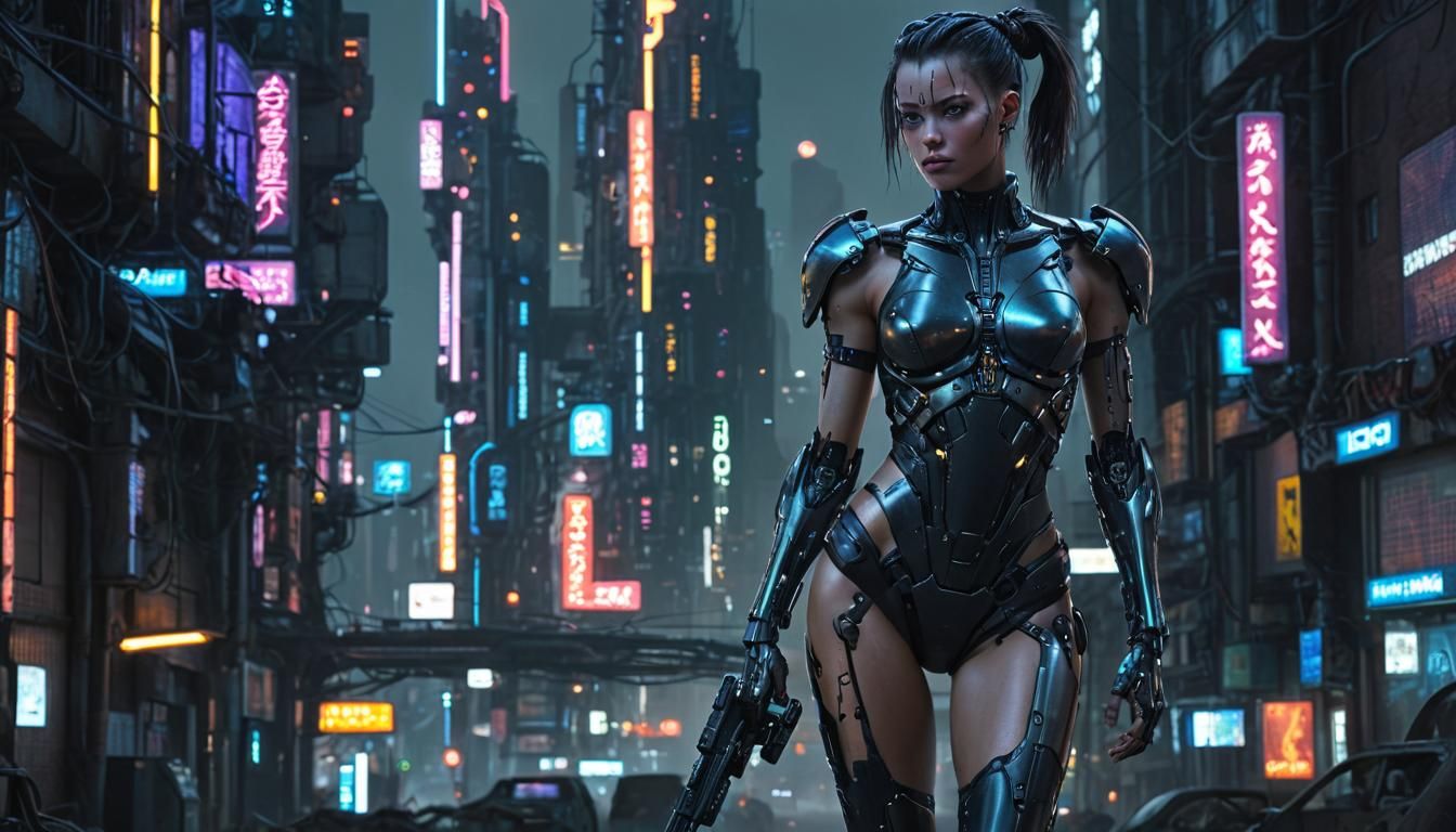 Cyberpunk Cyborg Goddess in Biopunk Cityscape