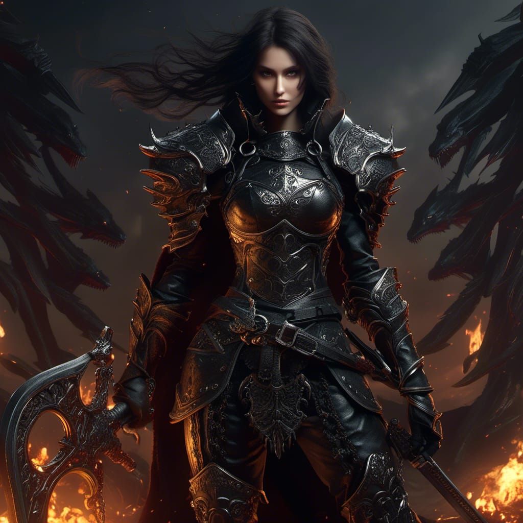 Realistic Armored Woman with Fire Sword