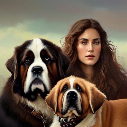 Hippie Woman with Saint Bernards, Detailed Portrait