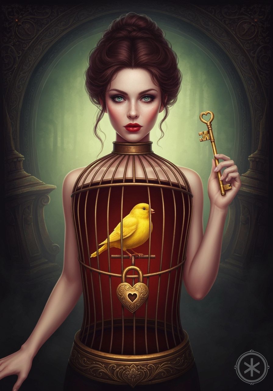 Woman with Bird Cage Torso and Golden Key