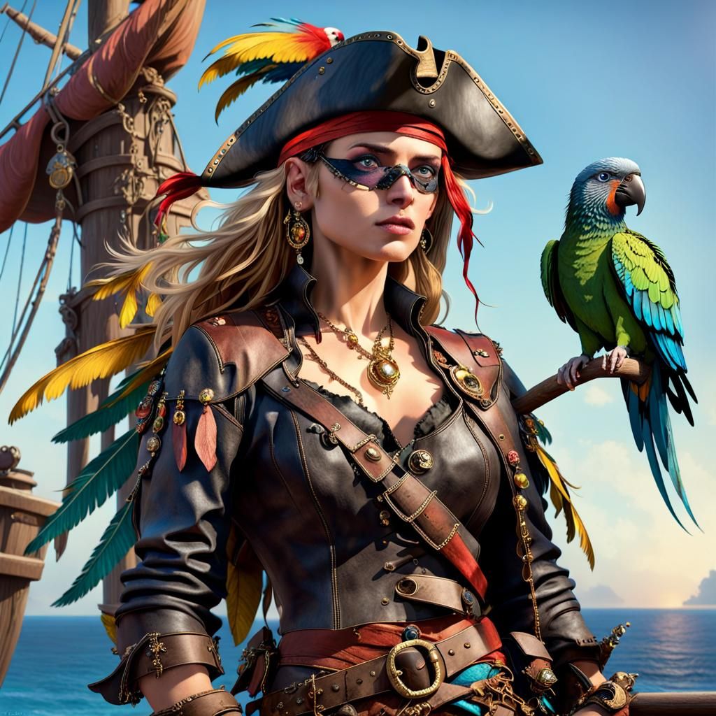 Fierce Female Pirate with Parrot on the High Seas