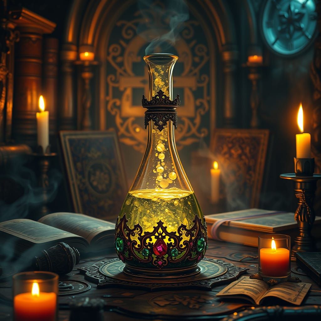 Glowing Potion in Ancient Tomes and Candles
