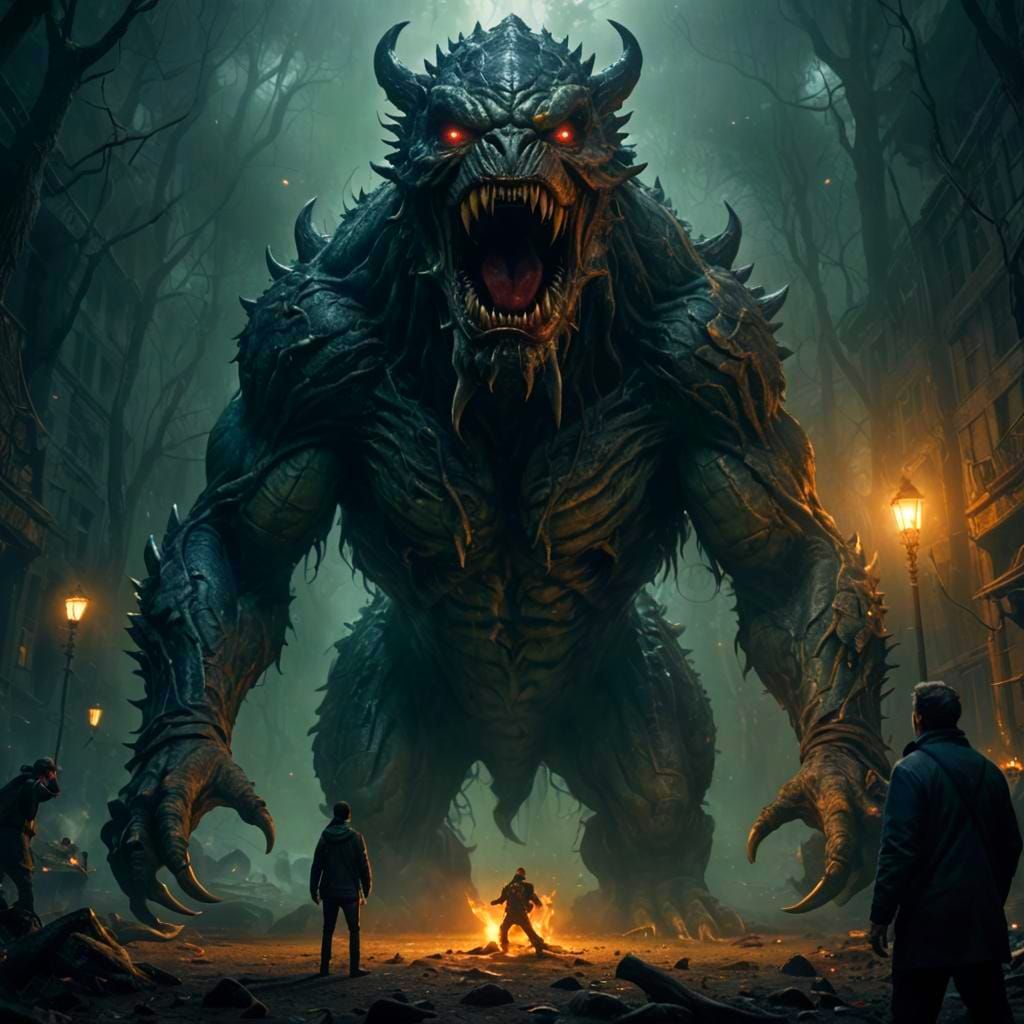 Man Confronts Open-Mouthed Creature in Digital Art