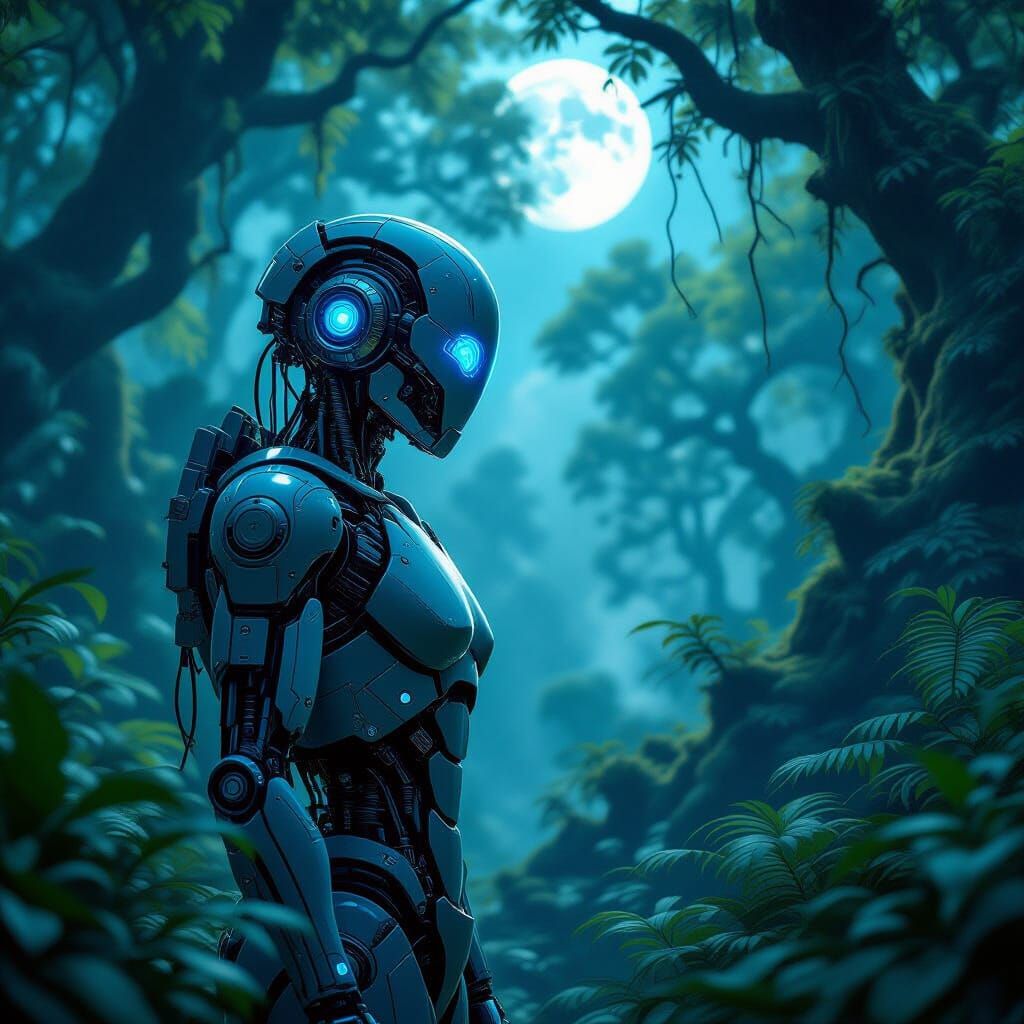 Cyborg in Mystical Forest with Glowing Eyes
