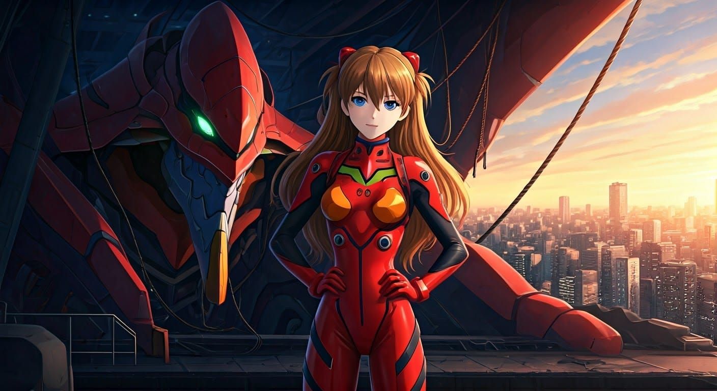 Asuka and Eva-02: Neon Genesis Evangelion-Inspired Cyberpunk...