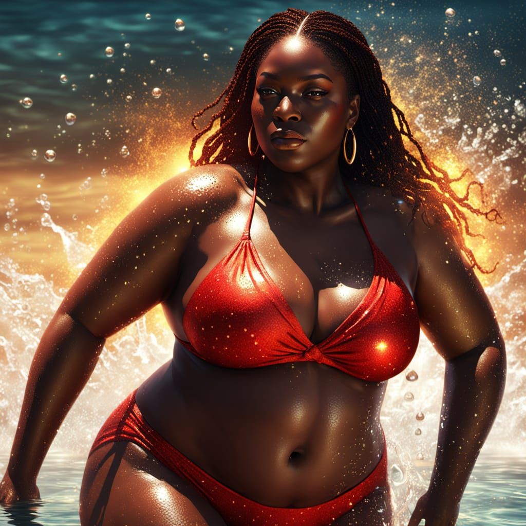 Sensual Black Woman in Red Bikini: Digital Art