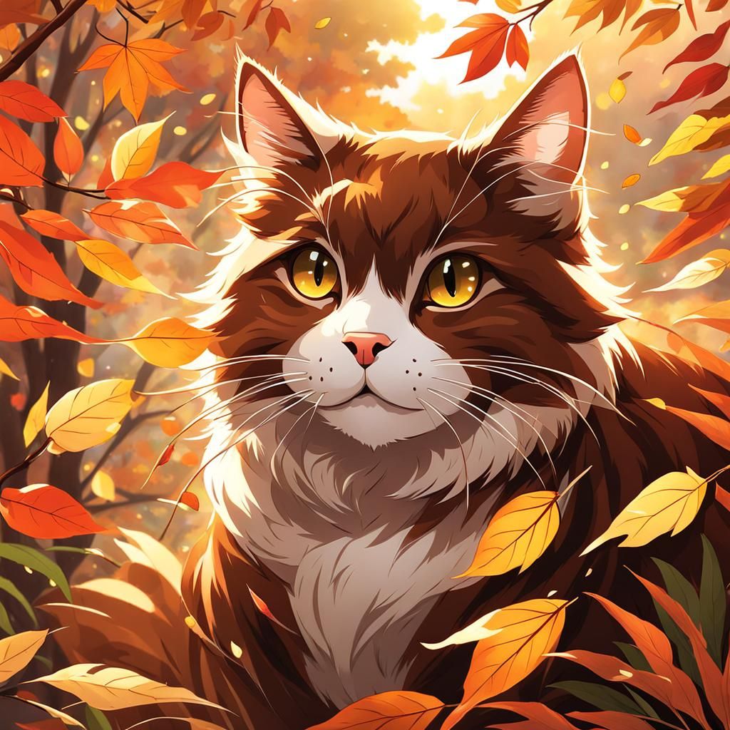 Playful Brown Cat in Anime-Inspired Autumn Scene