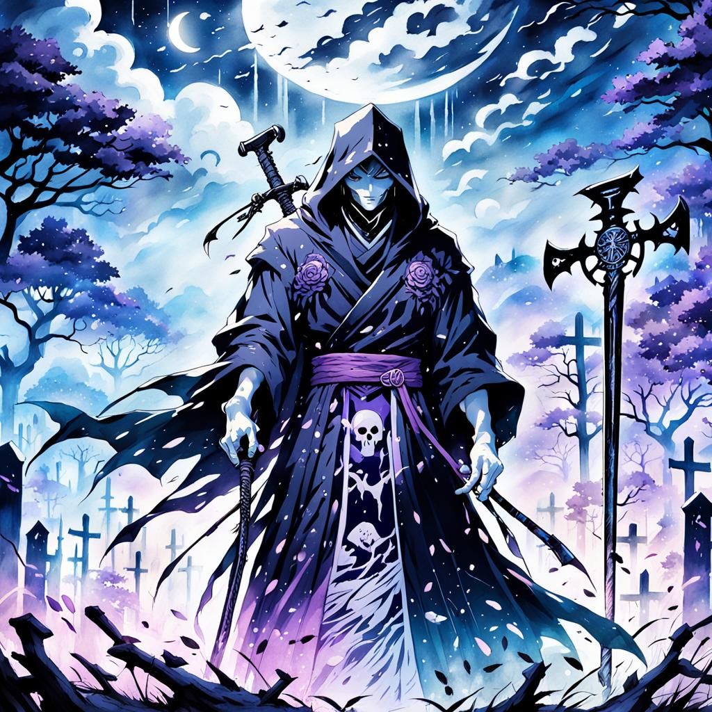 Soul Reaper in Graveyard: Anime Watercolor Style