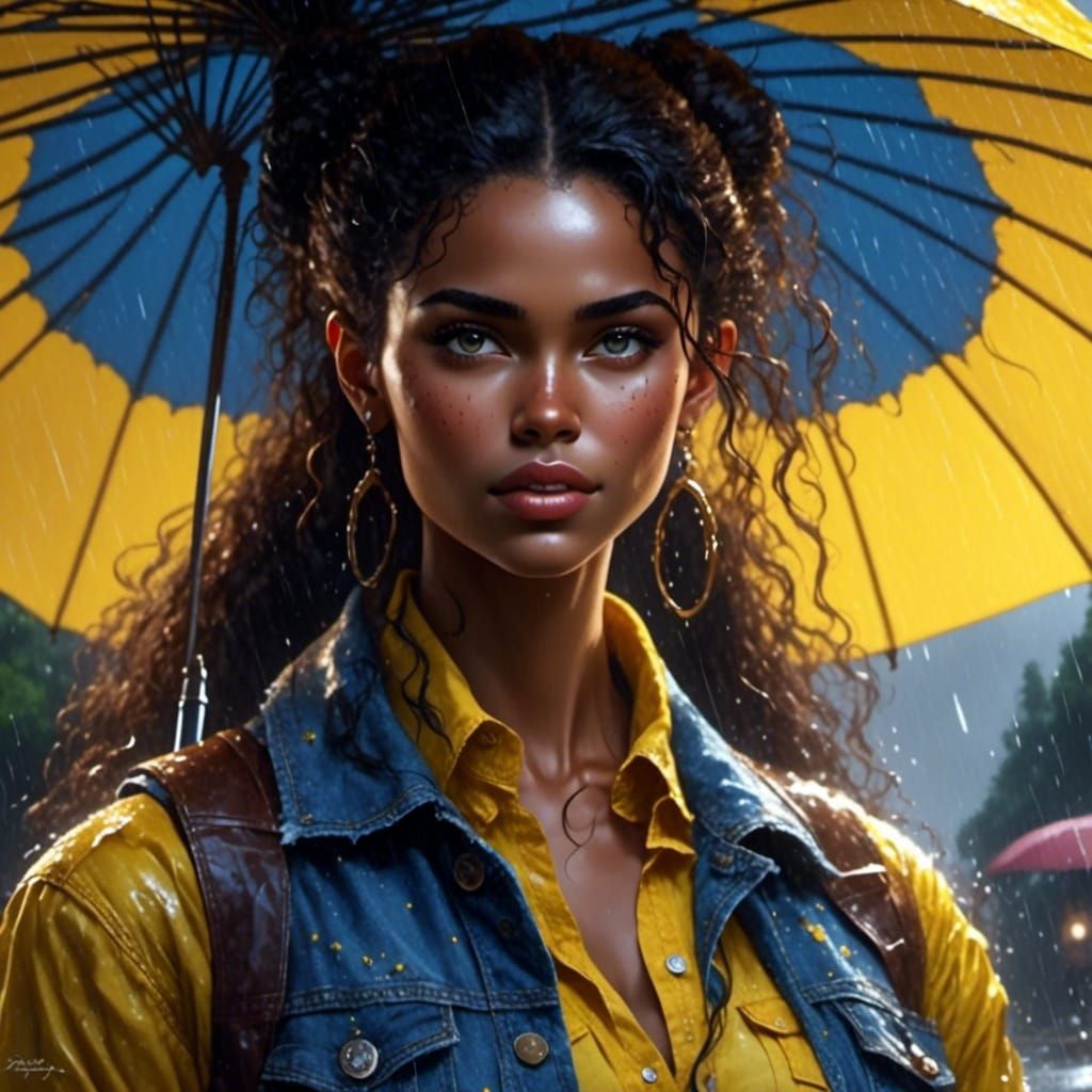 Anime Girl in Rain with Umbrella, Digital Art