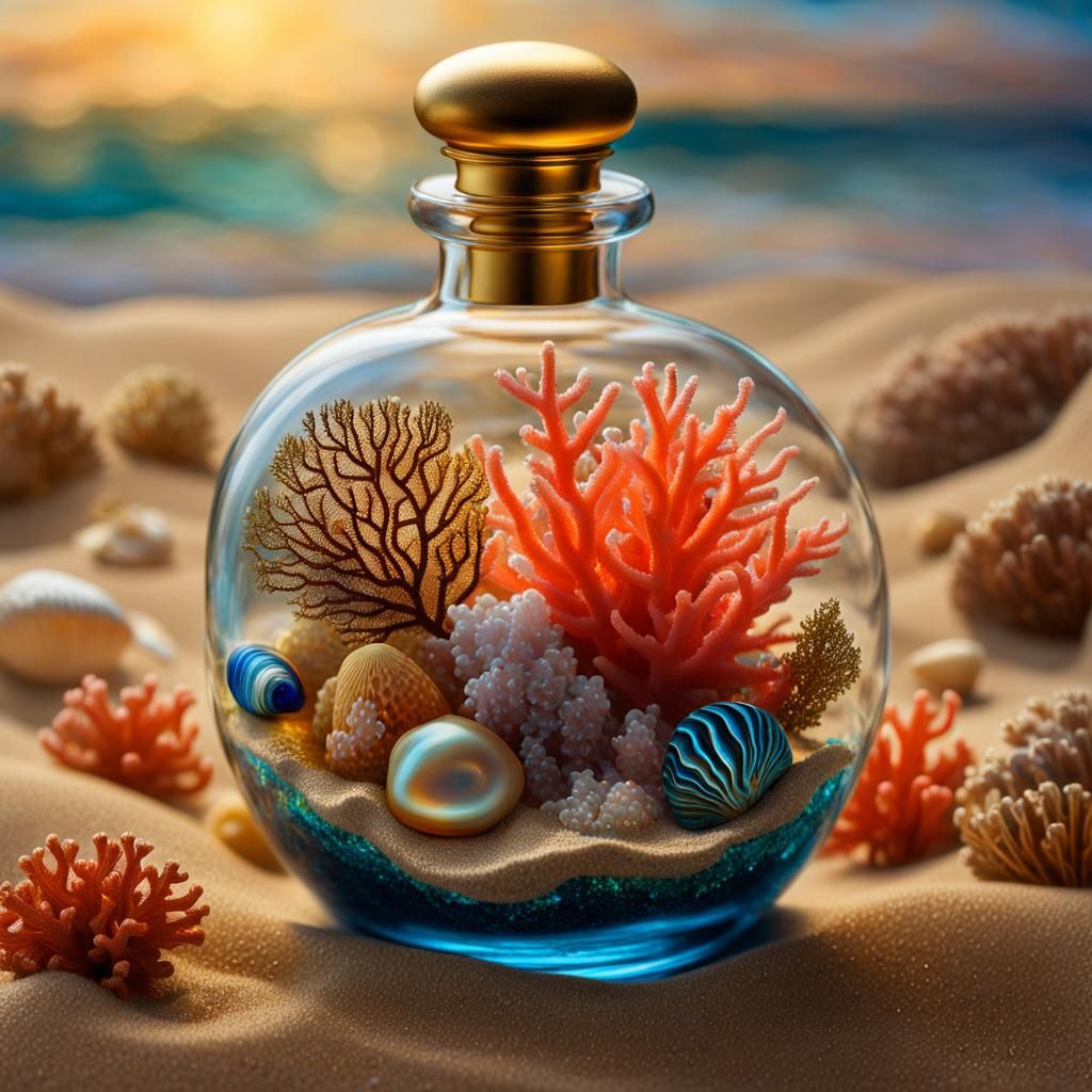 Baroque Still Life: Coral Reef in Antique Glass Bottle