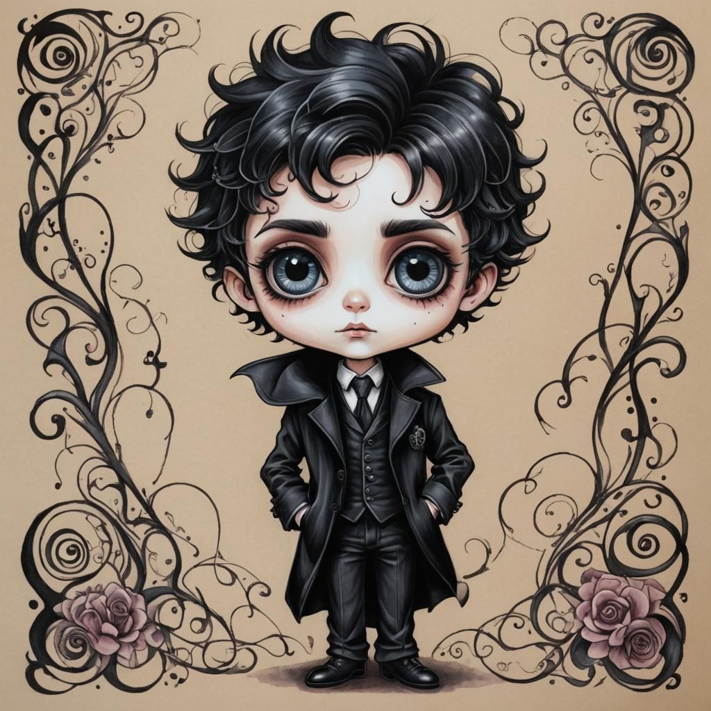 Chibi Gothic Male in Silk, Tattoo Sketch Art