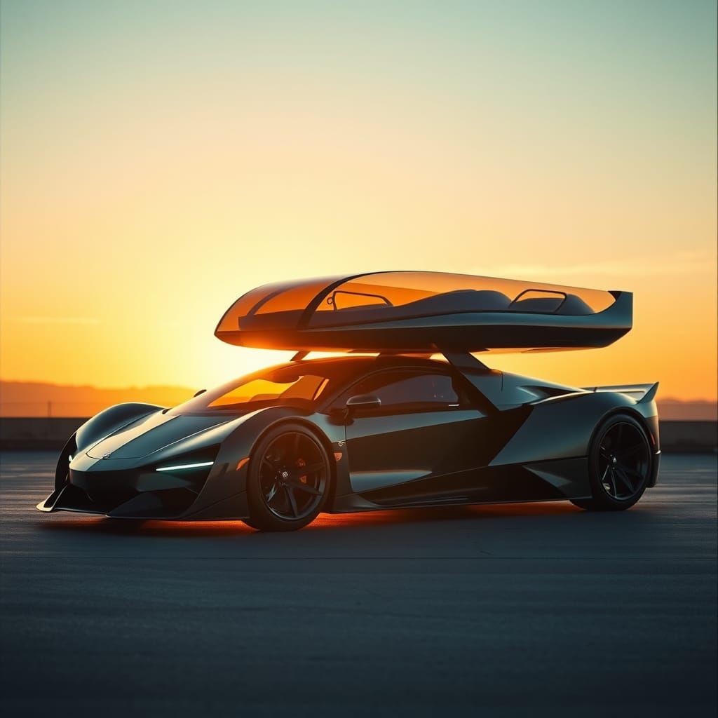 Futuristic Double Decker Supercar at Sunset